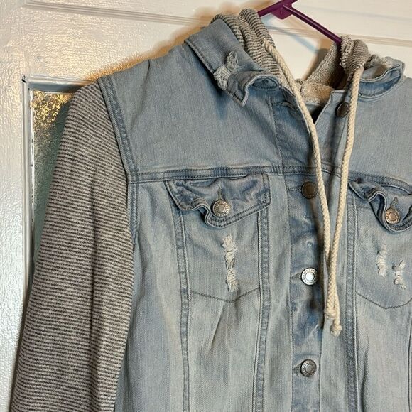 Mossimo Supply Co Juniors blue and gray Denim hooded button up jacket size large - Picture 2 of 6
